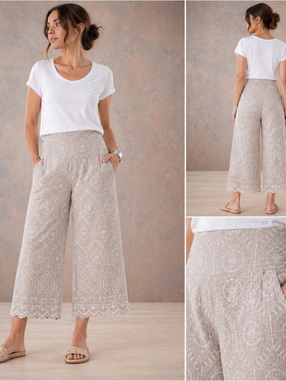Sundance Boho Embroidered Linen Wide Leg Crop Pants XS High Rise Elastic Waist